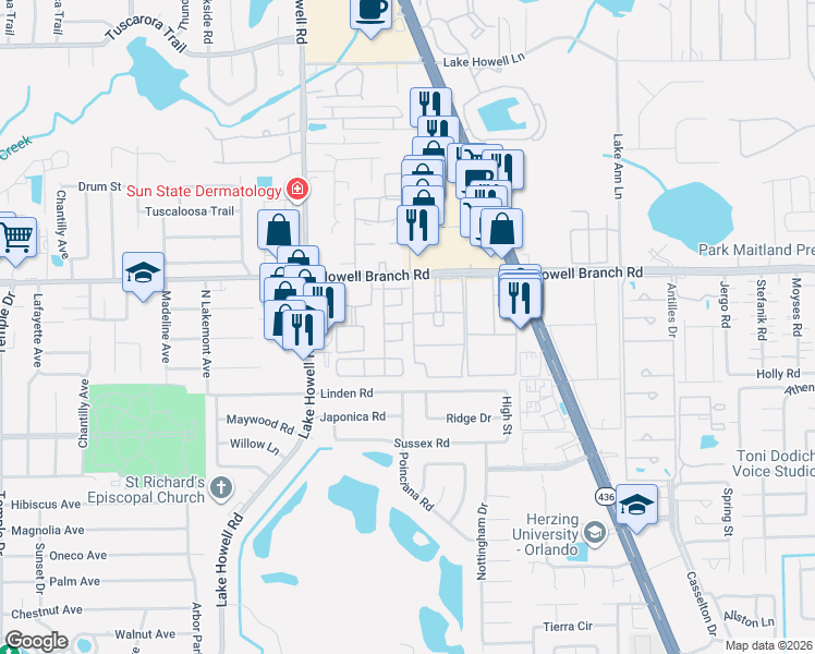 map of restaurants, bars, coffee shops, grocery stores, and more near 2291 Sorrento Circle in Winter Park
