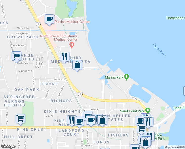 map of restaurants, bars, coffee shops, grocery stores, and more near 1355 Buffalo Road in Titusville