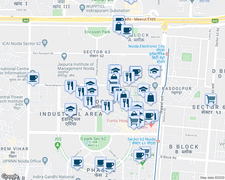map of restaurants, bars, coffee shops, grocery stores, and more near in Noida