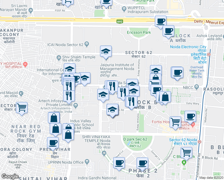 map of restaurants, bars, coffee shops, grocery stores, and more near in Noida