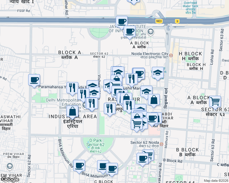 map of restaurants, bars, coffee shops, grocery stores, and more near in Noida
