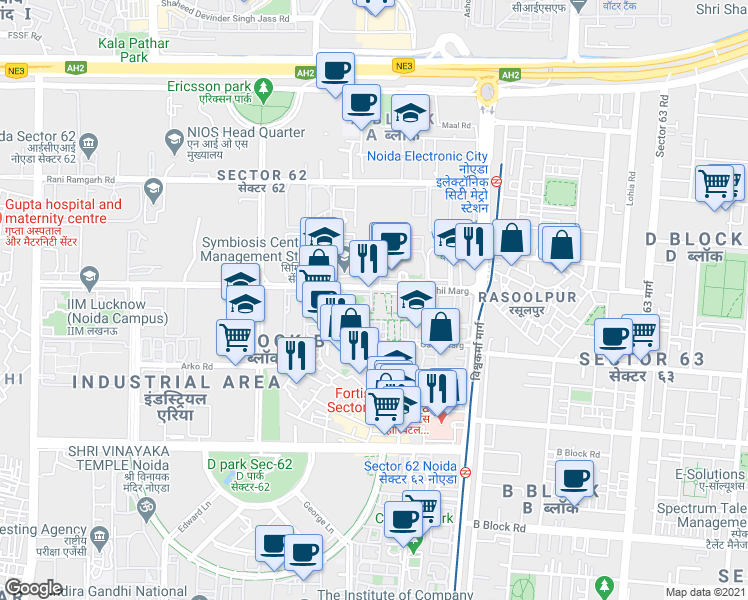 map of restaurants, bars, coffee shops, grocery stores, and more near Oshy Marg in Noida