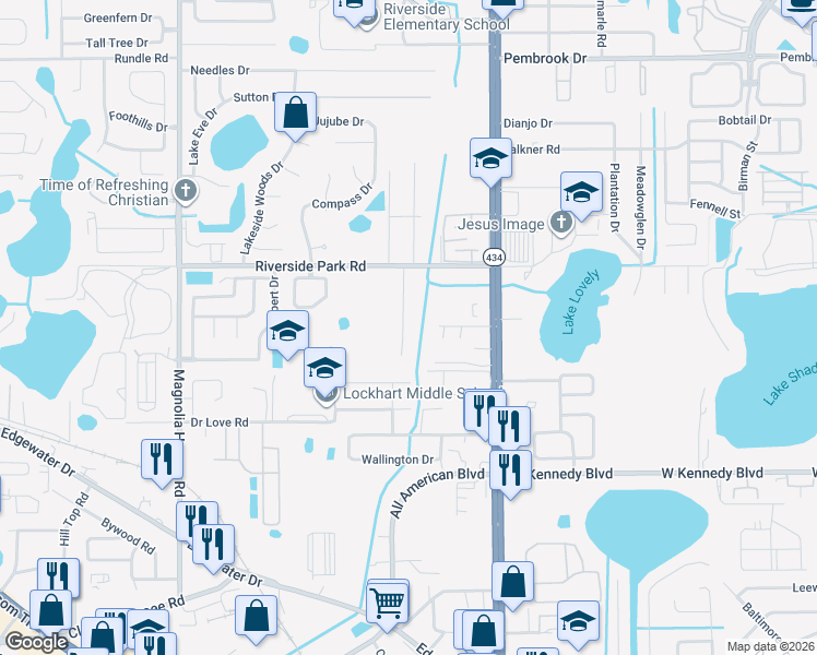 map of restaurants, bars, coffee shops, grocery stores, and more near 7341 Riverside Park Road in Lockhart