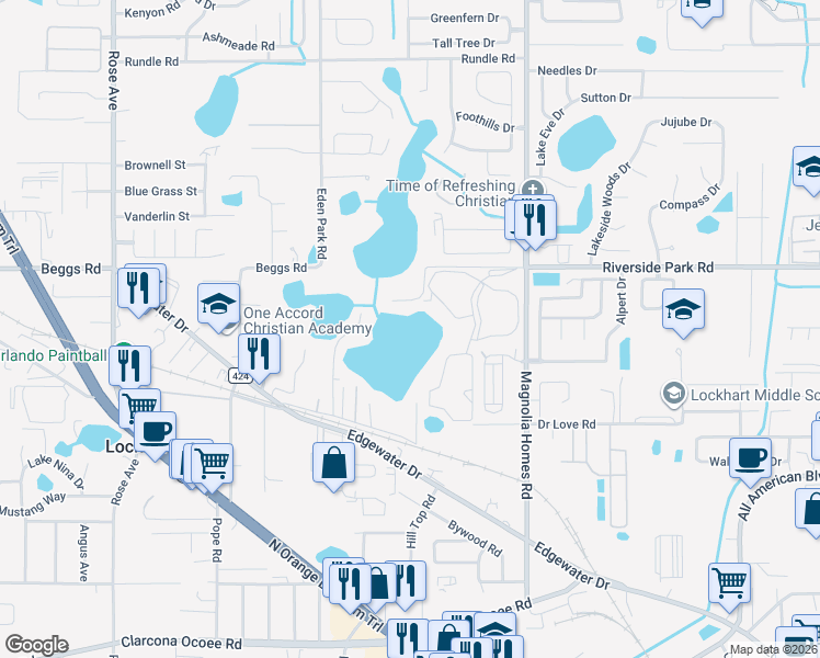 map of restaurants, bars, coffee shops, grocery stores, and more near 4250 Riverside Park Road in Orlando