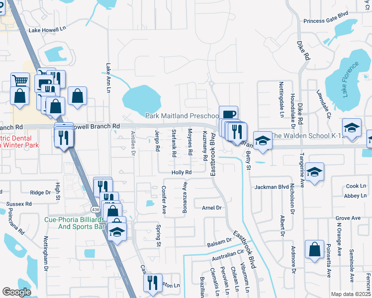 map of restaurants, bars, coffee shops, grocery stores, and more near 181 Moyses Road in Winter Park