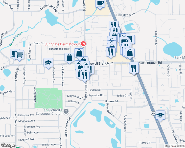 map of restaurants, bars, coffee shops, grocery stores, and more near 198 Lewfield Circle in Winter Park