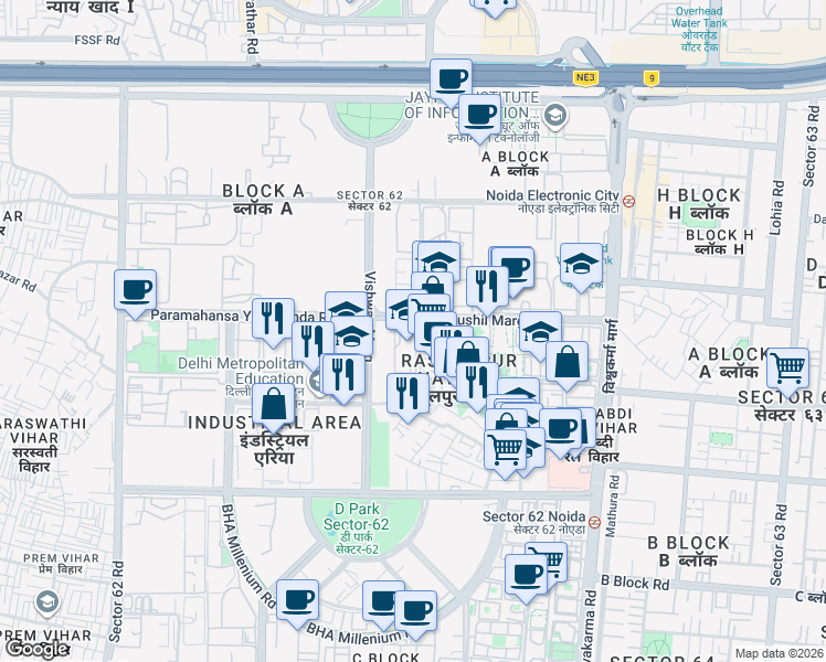 map of restaurants, bars, coffee shops, grocery stores, and more near in Noida