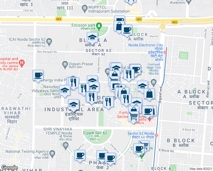 map of restaurants, bars, coffee shops, grocery stores, and more near Vishwas Marg in Noida