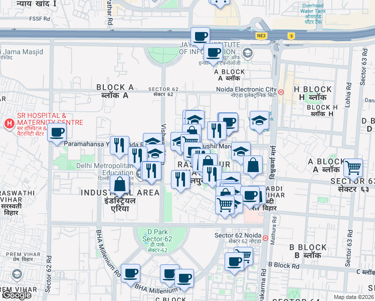 map of restaurants, bars, coffee shops, grocery stores, and more near in Noida