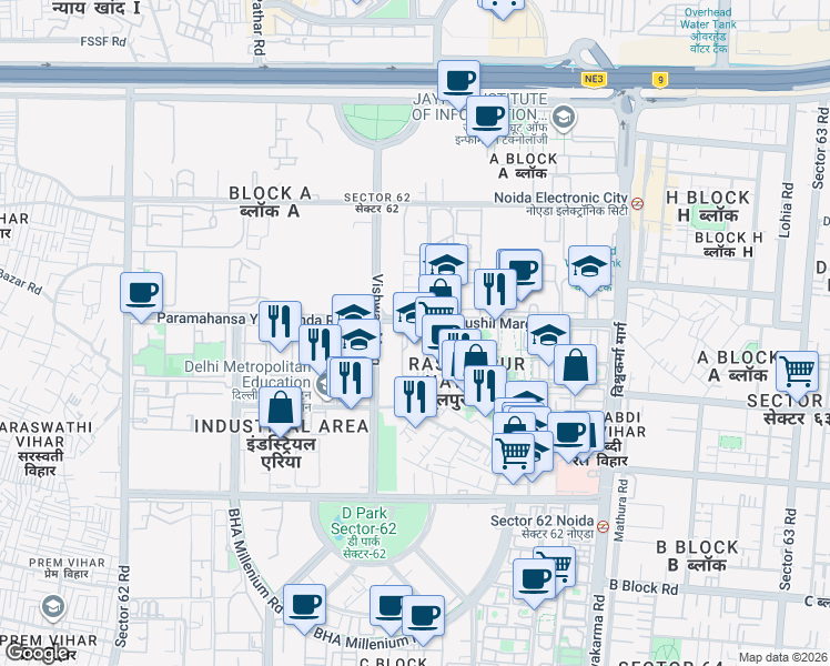 map of restaurants, bars, coffee shops, grocery stores, and more near in Noida
