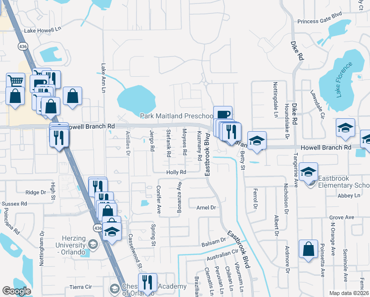 map of restaurants, bars, coffee shops, grocery stores, and more near 181 Moyses Road in Winter Park