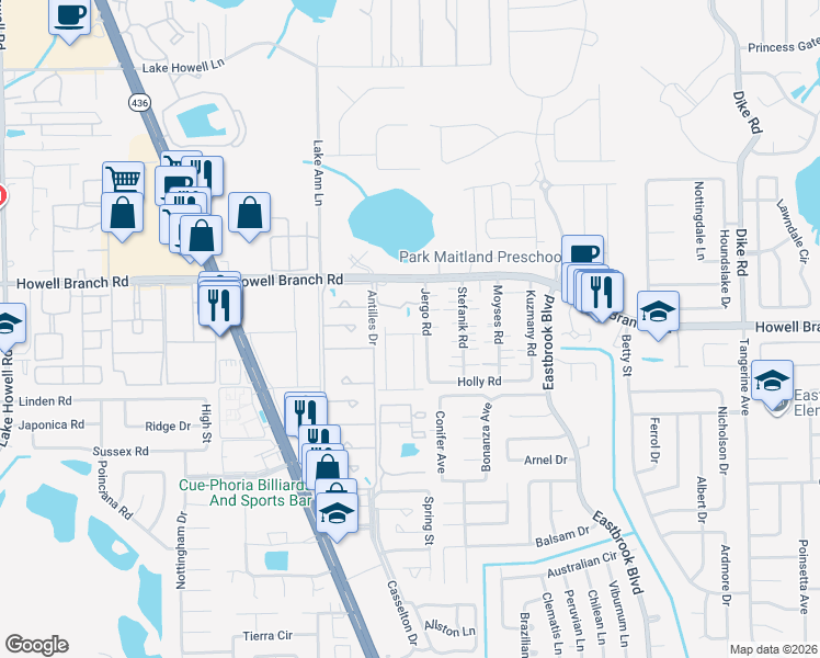 map of restaurants, bars, coffee shops, grocery stores, and more near 181 Jergo Road in Winter Park