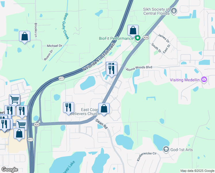 map of restaurants, bars, coffee shops, grocery stores, and more near 5193 Loma Vista Circle in Oviedo