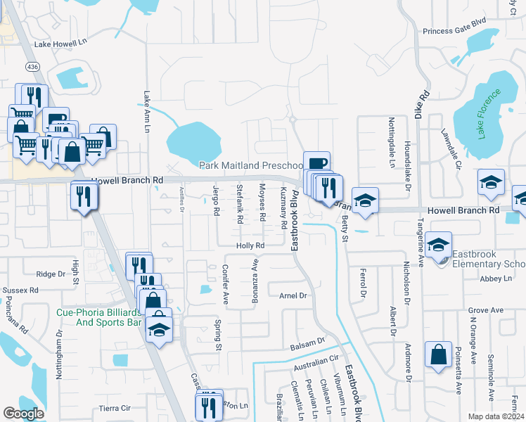map of restaurants, bars, coffee shops, grocery stores, and more near 181 Moyses Road in Winter Park