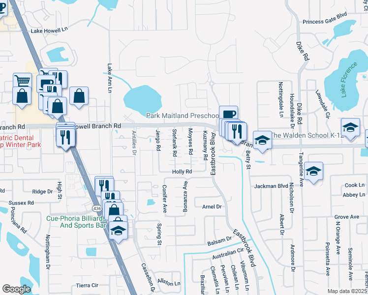 map of restaurants, bars, coffee shops, grocery stores, and more near 189 Stefanik Road in Winter Park