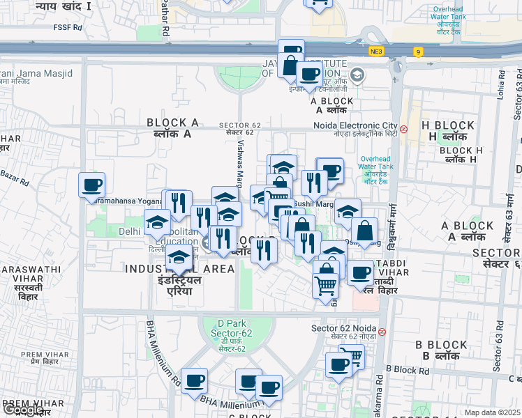 map of restaurants, bars, coffee shops, grocery stores, and more near in Noida