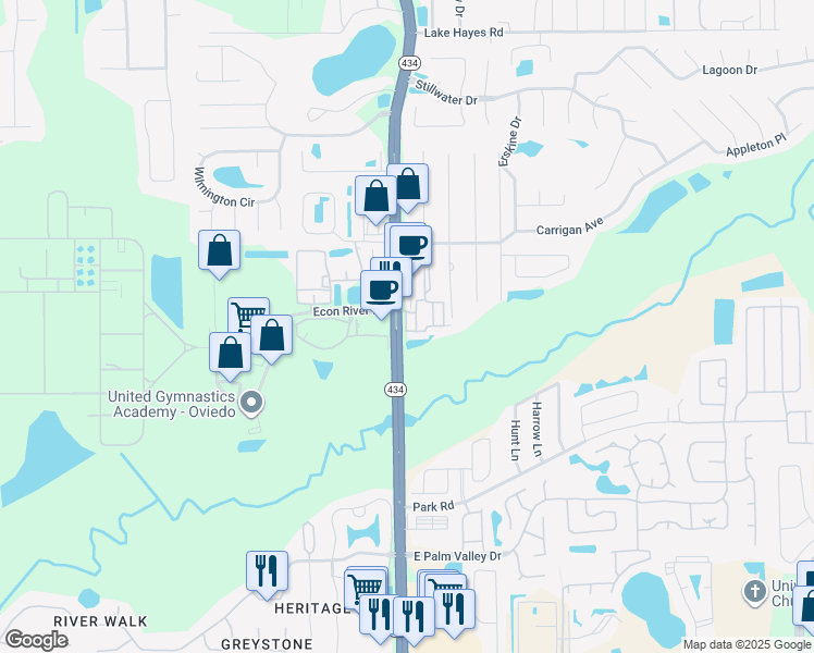 map of restaurants, bars, coffee shops, grocery stores, and more near 165 River Bridge Circle in Oviedo