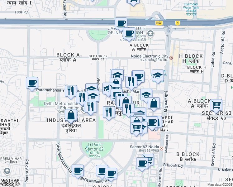 map of restaurants, bars, coffee shops, grocery stores, and more near in Noida