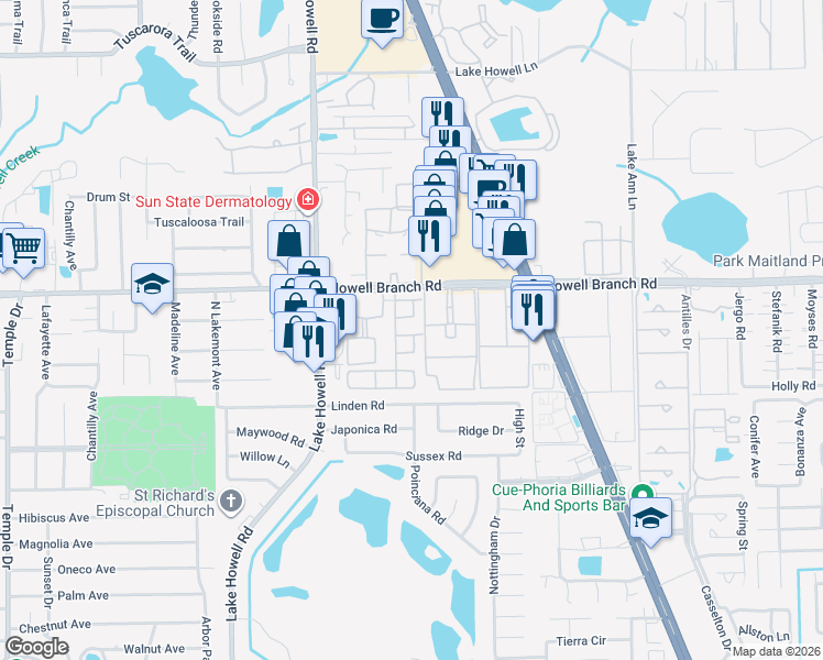 map of restaurants, bars, coffee shops, grocery stores, and more near 2420 Grand Teton Circle in Winter Park