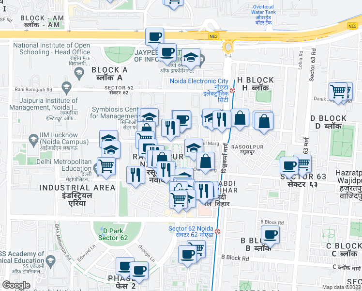 map of restaurants, bars, coffee shops, grocery stores, and more near Oshy Marg in Noida