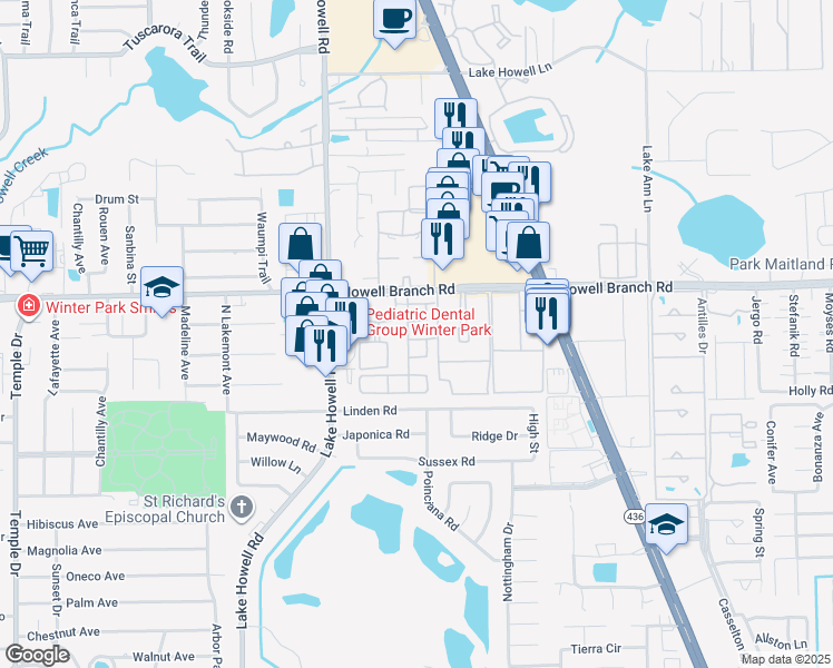 map of restaurants, bars, coffee shops, grocery stores, and more near 2464 Grand Teton Circle in Winter Park