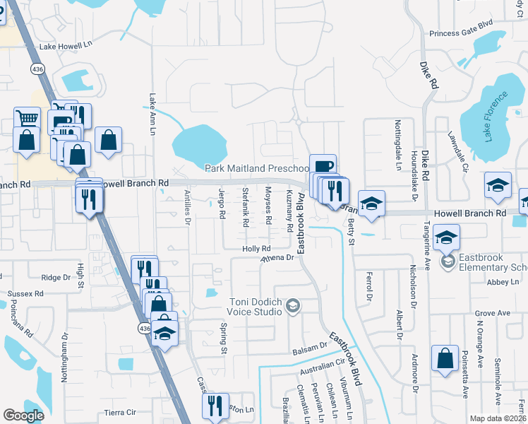 map of restaurants, bars, coffee shops, grocery stores, and more near 181 Moyses Road in Winter Park