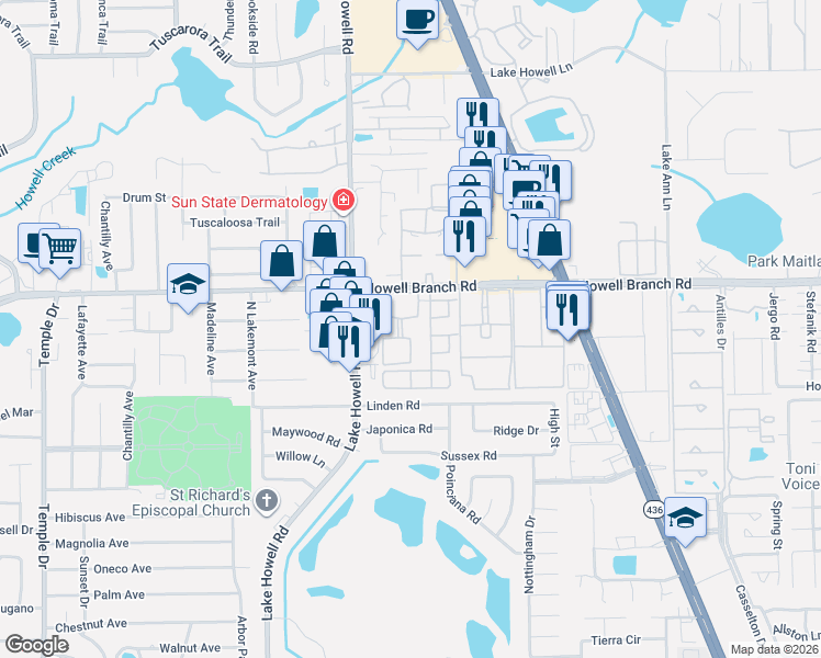 map of restaurants, bars, coffee shops, grocery stores, and more near 198 Lewfield Circle in Winter Park