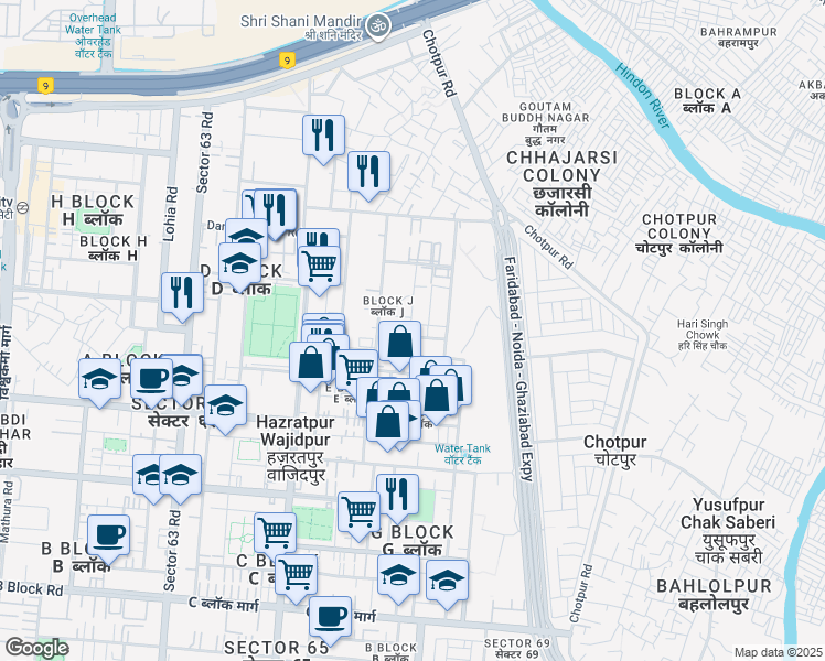 map of restaurants, bars, coffee shops, grocery stores, and more near H-107 Sector 63 Road in Noida
