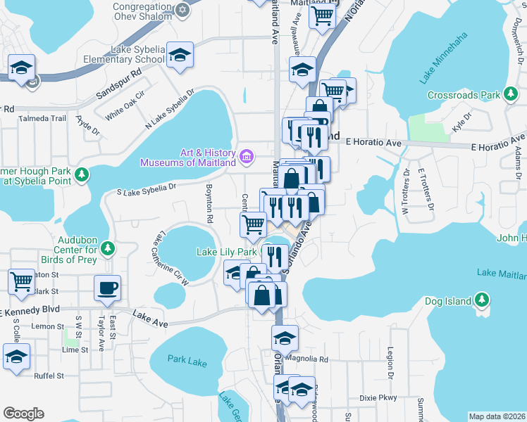 map of restaurants, bars, coffee shops, grocery stores, and more near 641 Maitland Avenue South in Maitland