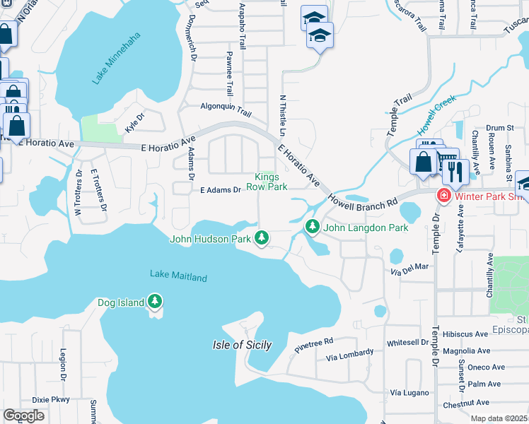 map of restaurants, bars, coffee shops, grocery stores, and more near 2000 East Adams Drive in Maitland