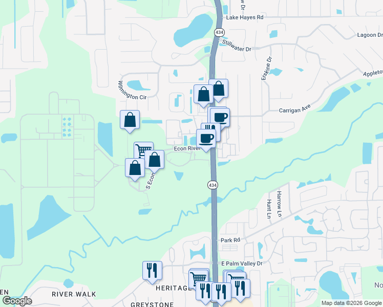 map of restaurants, bars, coffee shops, grocery stores, and more near 3000 Grandeville Circle in Oviedo