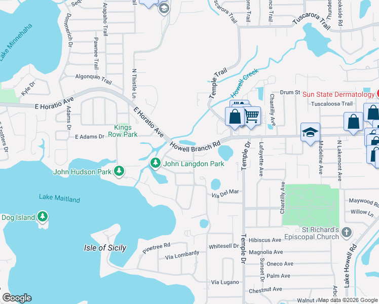 map of restaurants, bars, coffee shops, grocery stores, and more near 1121 Howell Branch Road in Winter Park