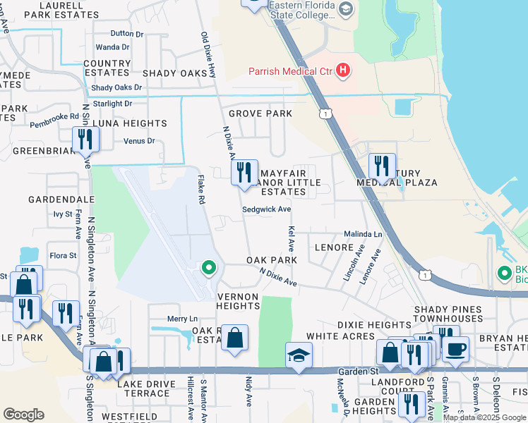 map of restaurants, bars, coffee shops, grocery stores, and more near 9 Sedgwick Avenue in Titusville