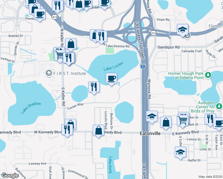 map of restaurants, bars, coffee shops, grocery stores, and more near 2301 Lucien Way in Maitland