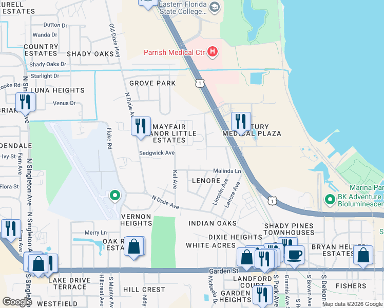 map of restaurants, bars, coffee shops, grocery stores, and more near 57 Jerry Avenue in Titusville