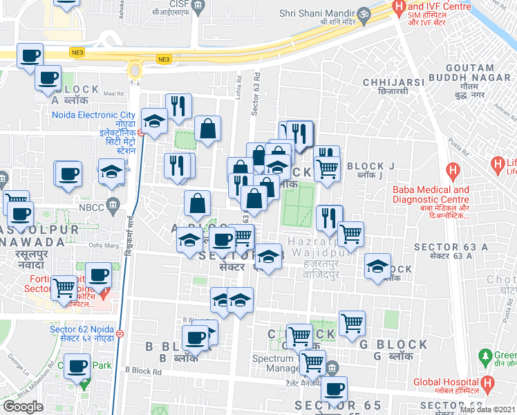 map of restaurants, bars, coffee shops, grocery stores, and more near in Noida