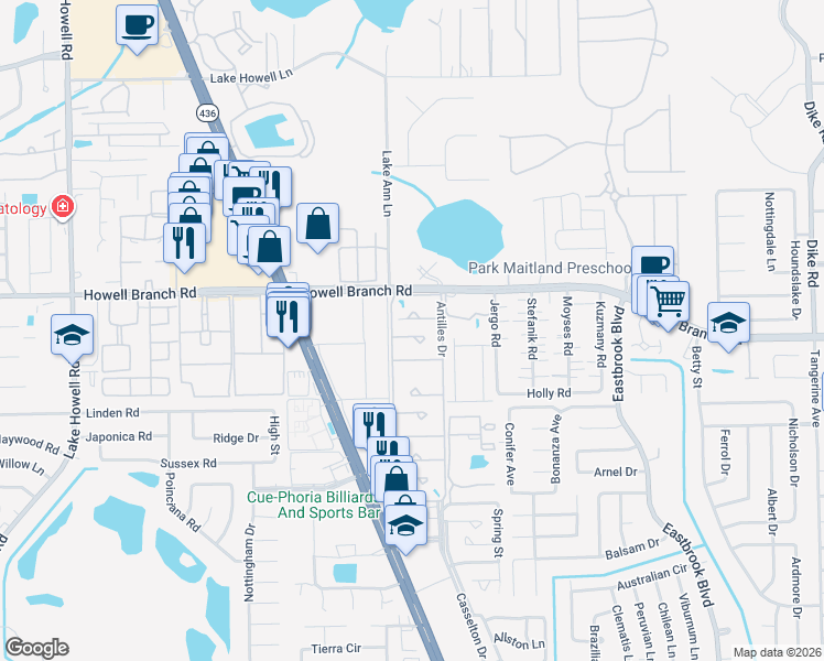 map of restaurants, bars, coffee shops, grocery stores, and more near 2655 Cayman Way in Winter Park
