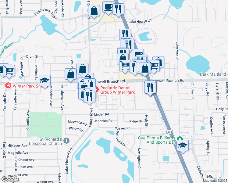 map of restaurants, bars, coffee shops, grocery stores, and more near 2521 Tahoe Circle in Winter Park