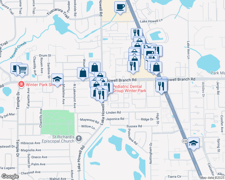 map of restaurants, bars, coffee shops, grocery stores, and more near 131 Lewfield Circle in Winter Park