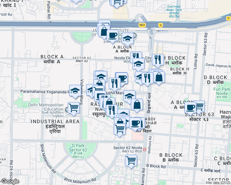 map of restaurants, bars, coffee shops, grocery stores, and more near Sushil Marg in Noida
