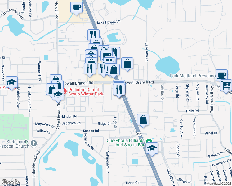 map of restaurants, bars, coffee shops, grocery stores, and more near 2125 Seaport Circle in Winter Park
