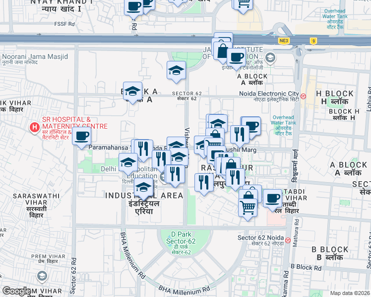 map of restaurants, bars, coffee shops, grocery stores, and more near Vishwas Marg in Noida