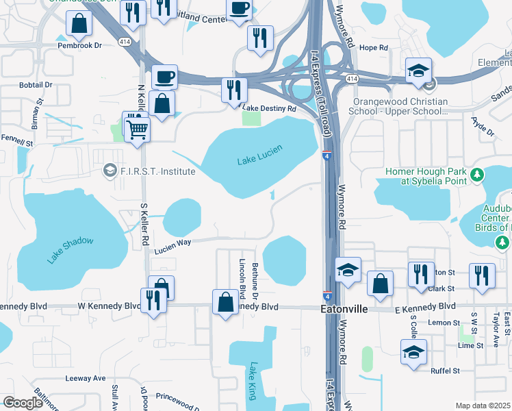 map of restaurants, bars, coffee shops, grocery stores, and more near 2301 Lucien Way in Maitland