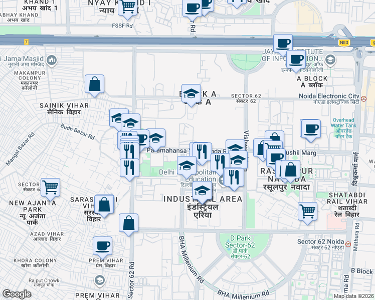 map of restaurants, bars, coffee shops, grocery stores, and more near JSS Boys Hostel Road in New Okhla Industrial Development Area