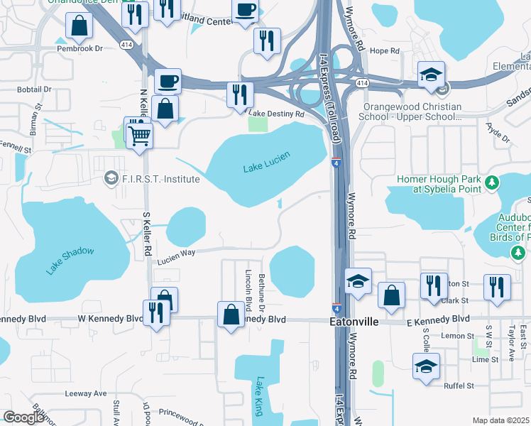 map of restaurants, bars, coffee shops, grocery stores, and more near 2301 Lucien Way in Maitland