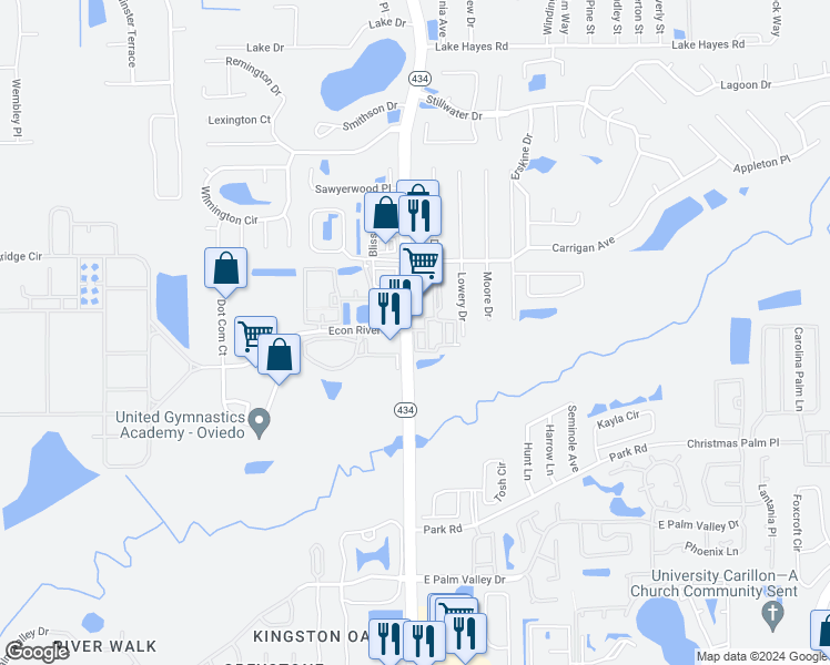 map of restaurants, bars, coffee shops, grocery stores, and more near 3050 Alafaya Trail in Oviedo