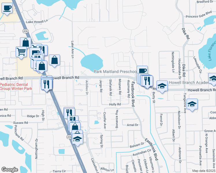 map of restaurants, bars, coffee shops, grocery stores, and more near 133 Stefanik Road in Winter Park
