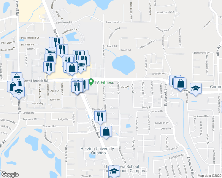 map of restaurants, bars, coffee shops, grocery stores, and more near 2655 Cayman Way in Winter Park