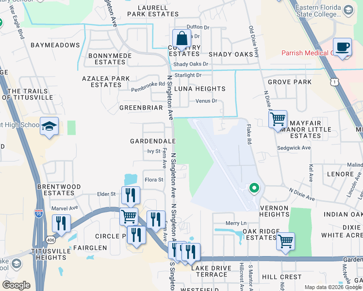 map of restaurants, bars, coffee shops, grocery stores, and more near 695 North Singleton Avenue in Titusville