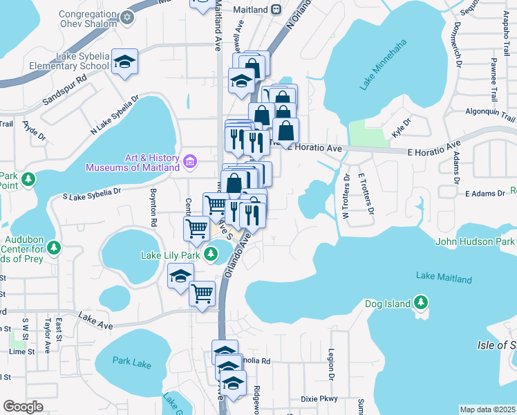 map of restaurants, bars, coffee shops, grocery stores, and more near 434 South Orlando Avenue in Maitland